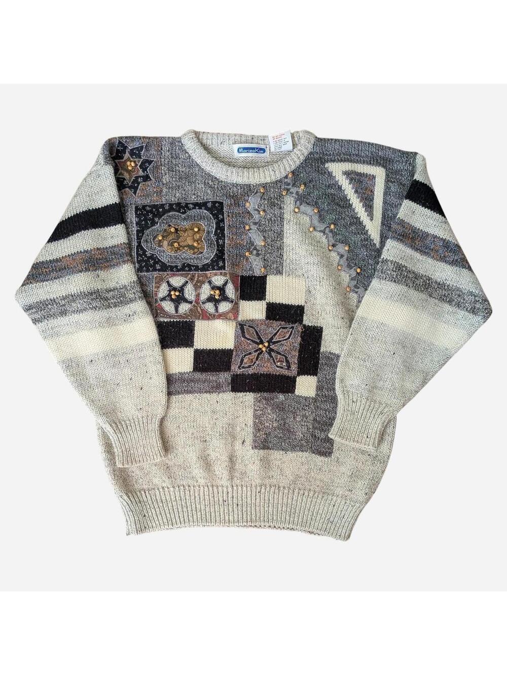 1980s  Quilt Applique Beaded Grandmacore Sweater Vintage Oatmeal Size M